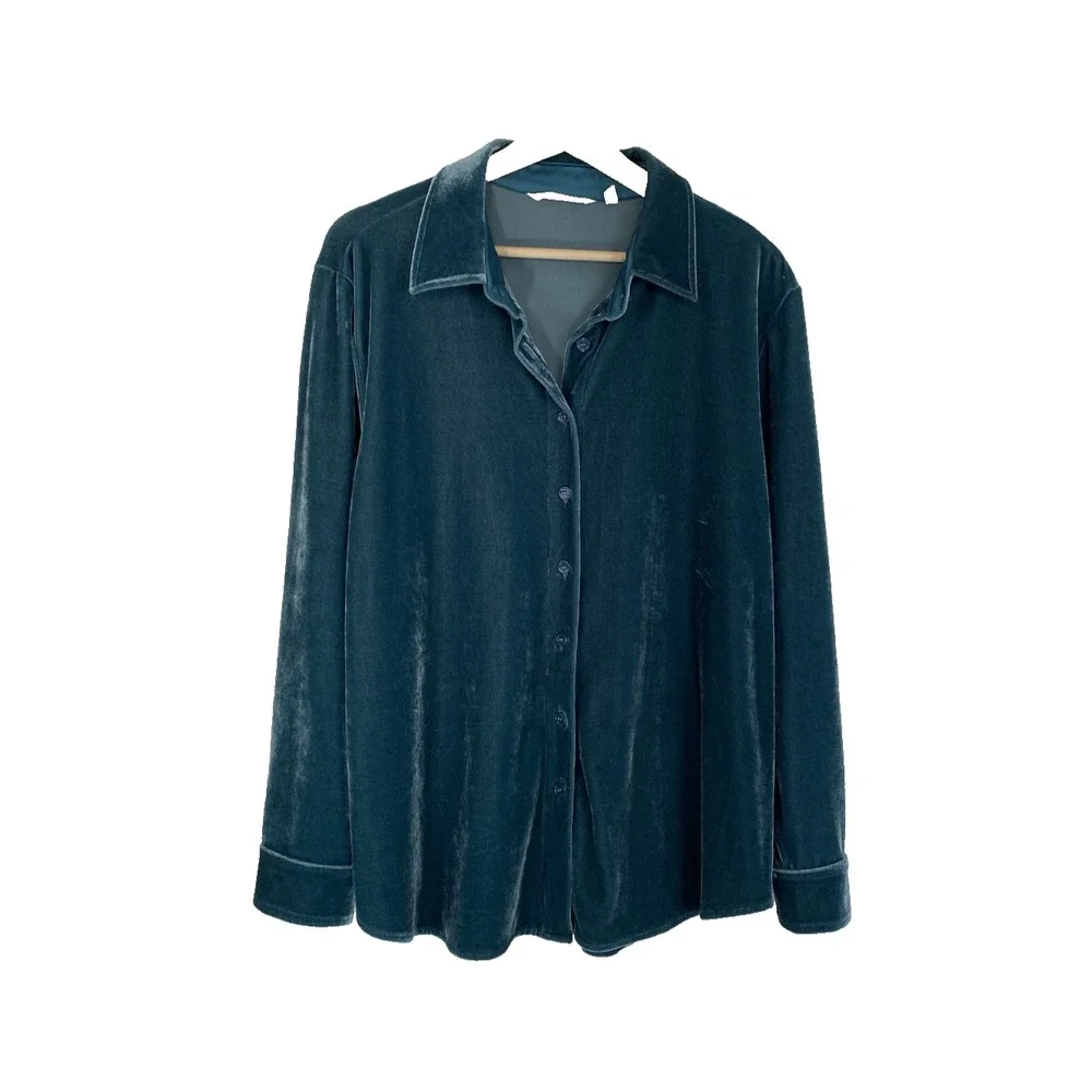 Soft Surroundings Teal Blue Velvet Button‎ Down Shirt Petite PXL Soft Luxe S - Picture 2 of 8